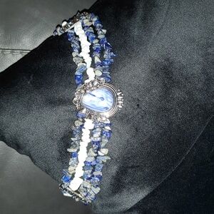 VINTAGE SIGNED NOVIDAB NATURAL STONE CHOKER NECKLACE BLUE WHITE